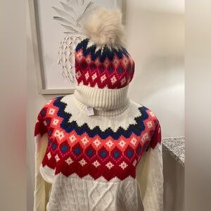 NWT LOFT Red and White Patterned Turtleneck Sweater and Matching Pom Hat